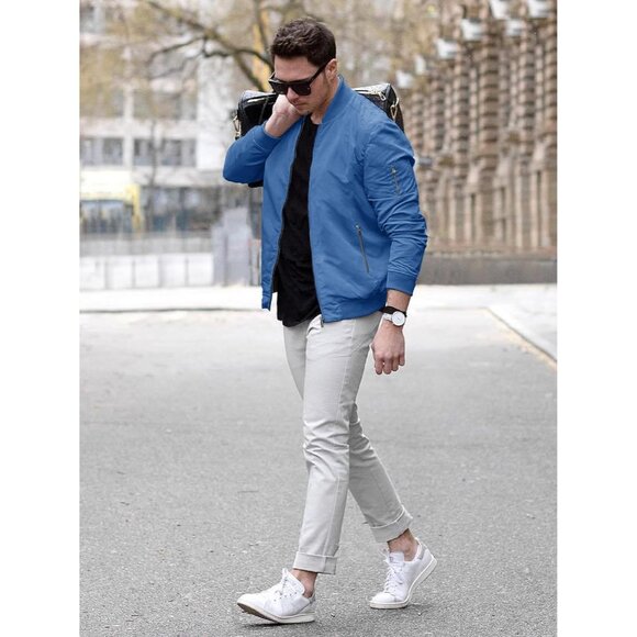 🆕 Men Blue Bomber Jacket Lightweight Casual Spring Fall Windbreaker Zip Up Coat - Picture 5 of 6